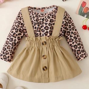Leopard body suit with Khaki pinafore skirt